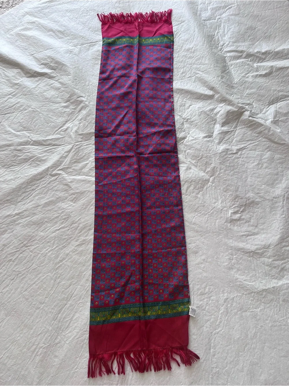Vintage Unisex Republic of China 100% Silk Hand Printed Fringe Scarf 11 x 50
